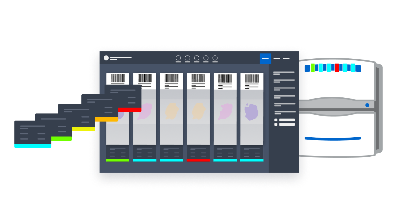 Three-part composition showing a fanned stack of UI screen iterations, the scan application interface with color-coded slide statuses, and the physical scanner with matching LED indicators